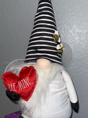 Rae Dunn Striped Black & White Valentine Bee Gnome Holding Red Heart